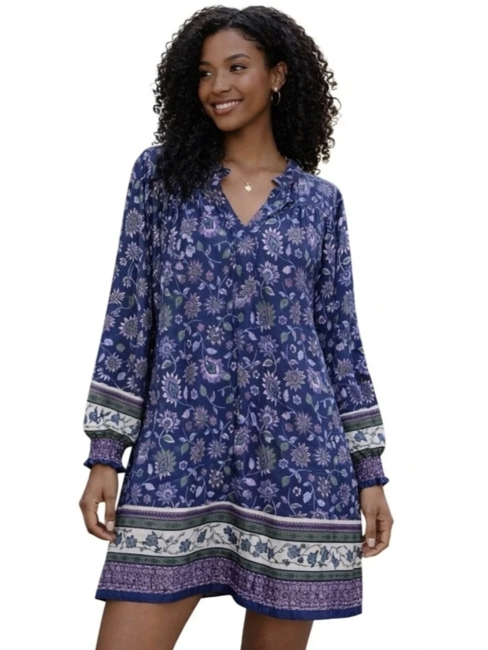 Natural Life Tunic Boho Floral Peasant Dress Tassled V-neck Blouson Sleeves Sz.S